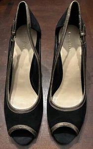 Zapatos sin cordones para mujer Cole Haan negros dorados formales punta abierta tacón bloque talla 9,5 - Imagen 1 de 9