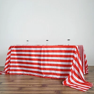 RED WHITE 90x132" Stripes Satin Rectangular Tablecloth Wedding Party Linens Sale - Image 1 of 4