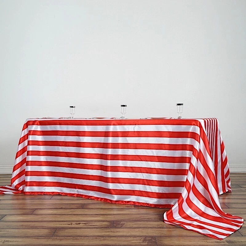 RED WHITE 90x132" Stripes Satin Rectangular Tablecloth Wedding Party Linens Sale - Image 1 of 4
