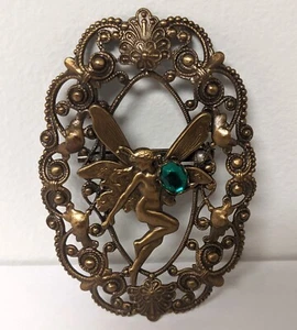 Jugendstil Fee mit grünem Stein Brosche Pin ca. 3" hoch Sprite - Bild 1 von 3