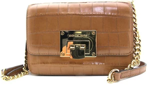 NWT Michael Kors TINA Small Clutch Embossed Leather Chain Crossbody Walnut Gold - Picture 1 of 5