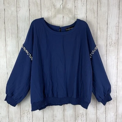 Blusa Colleen Lopez 1X Manga Longa Pérola Acento Cintura Elástica Batida Azul Nova - Imagem 1 de 4