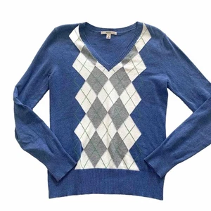 Merona Damen Pullover Pulli mittelblau Argyle V-Ausschnitt Baumwolle Elasthan-Mischung - Bild 1 von 10