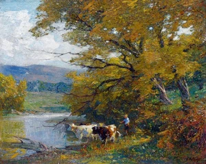 canvas art print giclée - poster - pillow. Wooded Scene Cows - Picture 1 of 7