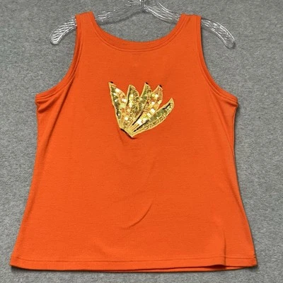 SURYA Tank Size Medium Boat Neck Orange Sequins Beads Bananas Hand Beaded NEW - Image 1 of 4