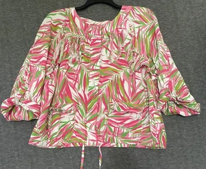 Ruby Rd Jacket Womens 18W Pink Green White Palm Print Linen Blend Pockets Boho - Picture 1 of 11