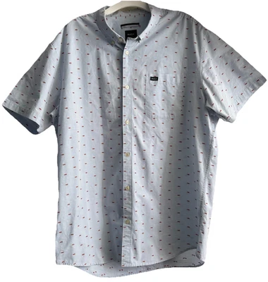RVCA Button Up Shirt Retro 70s Look Slim Fit XL Pocket Lt Blue Red Design S/SL - Image 1 of 4