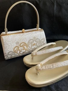 Furisode, Kimono, Nishijin Obi, Japanese-Style Bag, Sandals Set, Gold, White - Picture 1 of 14