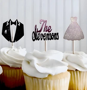 wedding cupcake toppers bride groom name glitter card birthday party pack of 12 - Picture 1 of 2