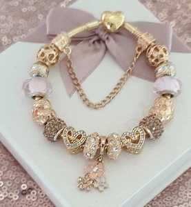 Gold Pandora Bracelet Heart Clasp.& Gold Charms with Pandora gift Box. 19 cms - Picture 1 of 13