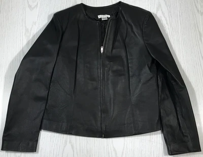 Chaqueta de Cuero Newport News De Colección Mujer 14 Negra Cremallera Completa Forrada Cuello Redondo Años 90 Foto 1 de 4