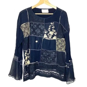 Vintage Spencer Alexis Black Gold Patchwork Bell Sleeve Whimsigoth Boho Top 14 - Picture 1 of 12