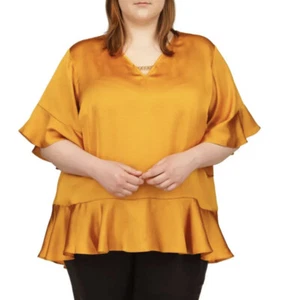NWT $110 Michael Kors Marigold Top Blouse 1X Plus Ruffle Hem Sleeves Yellow Gold - Picture 1 of 8