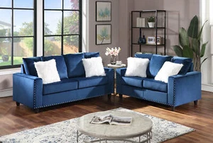NEW 2PC Sofa Couch Loveseat Set Royal Blue Velvet Modern Living Furniture Set - Picture 1 of 3