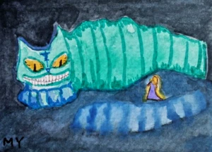 ACEO Original -  Alice & Cat Watercolor 2.5 x 3.5 Signed by MY - Picture 1 of 2