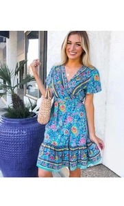 Zesika Women’s Summer Wrap Bohemian Floral Print Beach Mini Dress Small - Picture 1 of 8