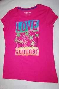 Girls Tee Shirt PINK Palm Trees LOVE SUMMER Green Blue Yellow Sparkle XS 4-5 - Picture 1 of 1