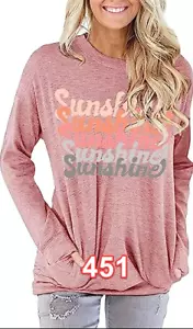 INFITTY Women Sunshine Letter Print Graphic Tee Casual Long Sleeve Shirt Pink S - Picture 1 of 5