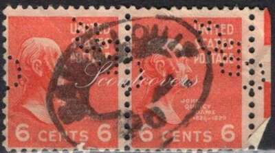 Perfins USA 1938, Sc811 2x 6c John Adams. Used CBQ - Image 1 of 3