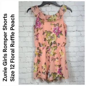Zunie Girls Size 12 Peach Floral Shorts Ruffle Romper Soft Chiffon Sleeveless - Picture 1 of 9