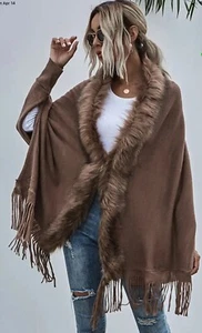 All-season Chic V-neck Cardigan, Faux Fur Trim, Tassels, Stretchy Knit Material - Picture 1 of 6