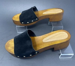 Seychelles Wooden Block Heel Black Suede Leather Slide Sandals Studs Size 8 - Picture 1 of 9