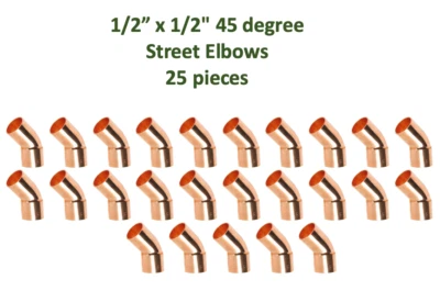(25 PCS) 1/2" x 1/2" Copper 45° Degree Elbow Fittings CxC, Sweat Ends, LEAD FREE - Image 1 of 2