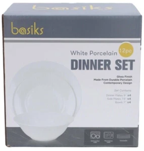 basiks 12 Piece Dinner Set Plates Bowl Porcelain Microwave Dishwasher Safe White - Picture 1 of 2