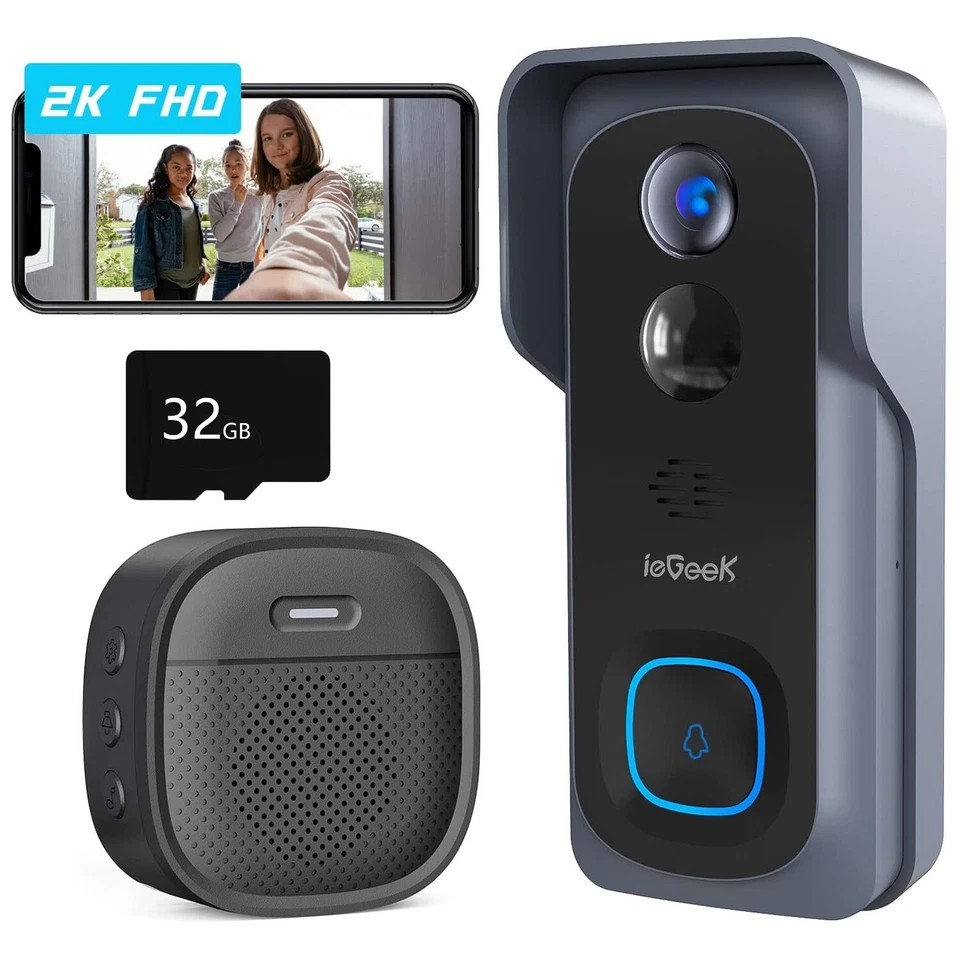 ieGeek 2K Wireless Battery Video Doorbell Camera Smart Home WiFi Chime Bell UK - Image 1 of 4