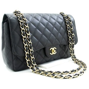 L66 CHANEL Authentic Grained Calfskin Classic 11" Chain Shoulder Bag Flap Black - Picture 1 of 19