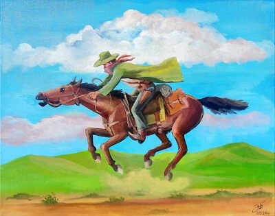 Pintura Acrílica Original Vaquero Occidental Pintura Correr Caballo Arte de Pared Foto 1 de 4