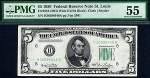 1950 $5 St. Louis *WIDE II* Federal Reserve Note • 1961-Hwii Wide 2 PMG 55 *RARE - Picture 1 of 2