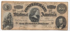 T-65 1864 $100 Confederate Currency Real Civil War Money VF CSA Treasury Stamp - Picture 1 of 2