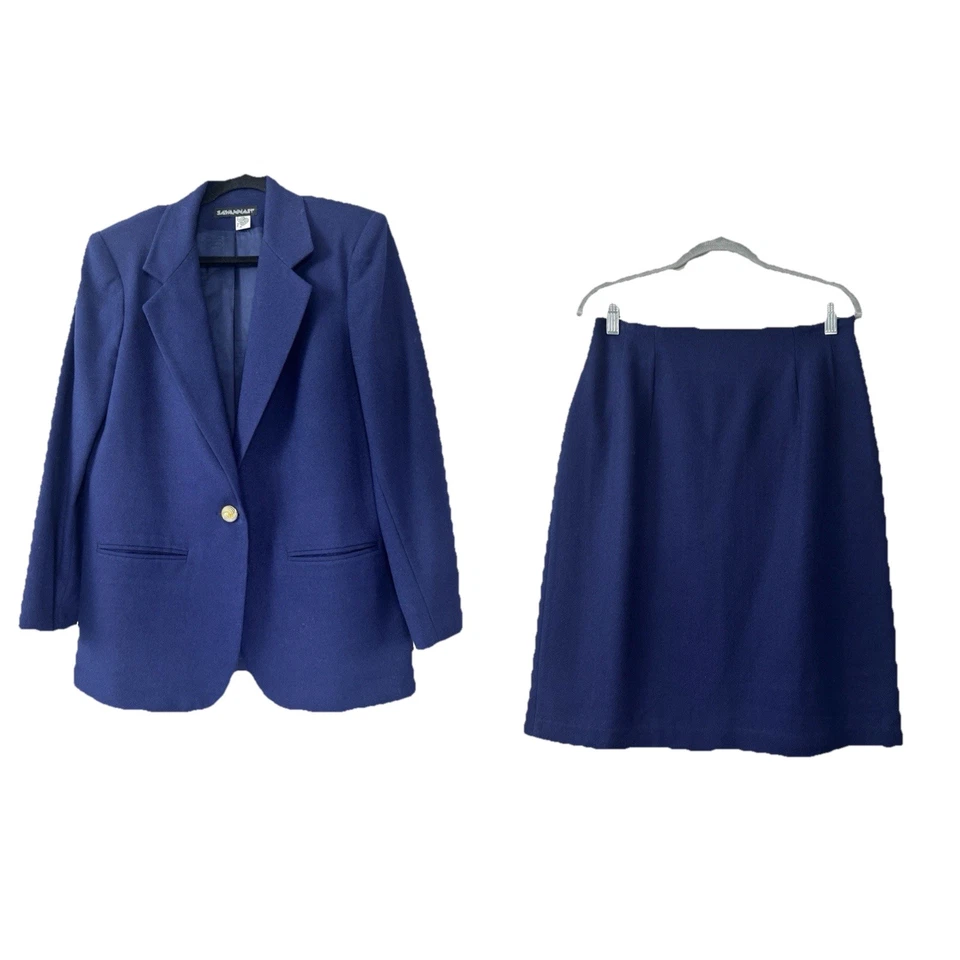 Vintage 90s Savannah Womens L Blue Wool Pencil Skirt Suit Set Blazer Heritage - Image 1 of 4