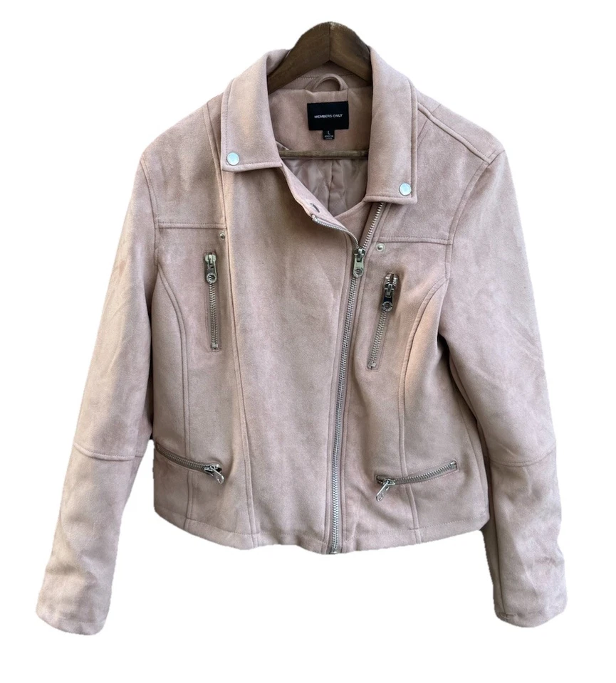 Chaqueta Moto Members Only Mujer Gamuza Rosa Claro con Forro Acolchado Grande Foto 1 de 4