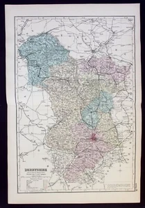 DERBYSHIRE, DERBY, original antique Victorian county map, Railways, Bacon, 1890 - Picture 1 of 4