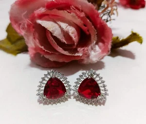 Red CZ Studs Earrings With Ruby Stone Studded Party Wear Wedding Silver Plated - Picture 1 of 4