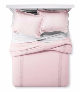 Simply Shabby Chic Pink CROCHET LINEN BLEND 3 Piece FULL QUEEN Comforter Set - Picture 1 of 2