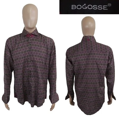 Bogosse Long Sleeve French Cuff Floral Geometric Purple Button Green Shirt 4 - Image 1 of 4
