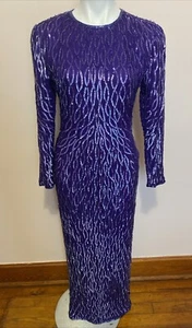 VTG 60s Purple Silk Sequin Fitted Bombshell Gown Maxi Long Sleeve Small - Picture 1 of 7