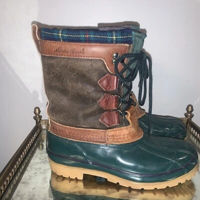 Botas Eddie Bauer Mujer 7 Verde Polar Nieve Lluvia Cuero Borde Tartán Pato Foto 1 de 4