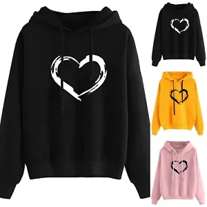 Women's Heart Printing Comfy Hoodies Bright Color Long Sleeve Sweatshirt - Picture 1 of 28