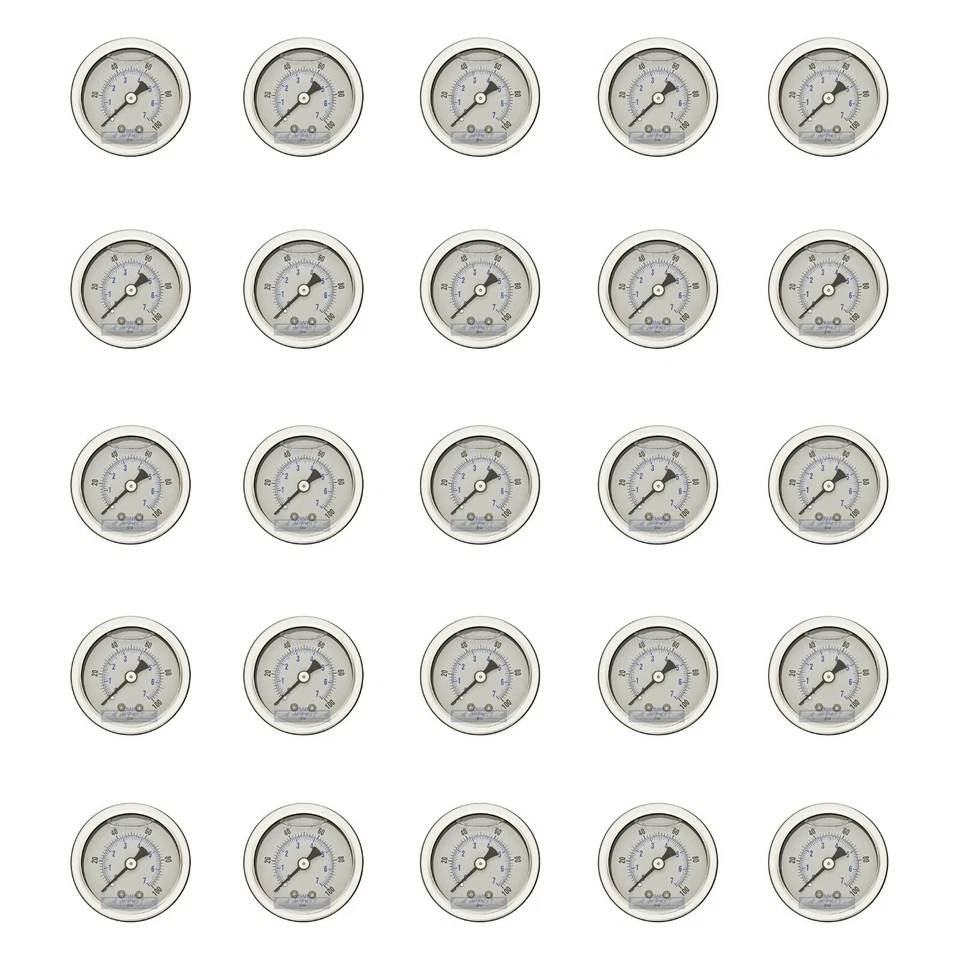25 PACK LIQUID FILLED PRESSURE GAUGE 0-100 PSI, 1.5" FACE, 1/8" NPT BACK MOUNT - Image 1 of 3