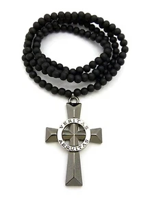 Hip Hop Veritas Aequitas Ring Cross Pendant 6mm 30" Wood Bead Chain Necklace - Picture 1 of 7