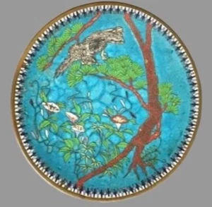 Antique Japanese Meiji Cloisonné Enameled Plate with Flowers & Bird C1920s - Picture 1 of 12