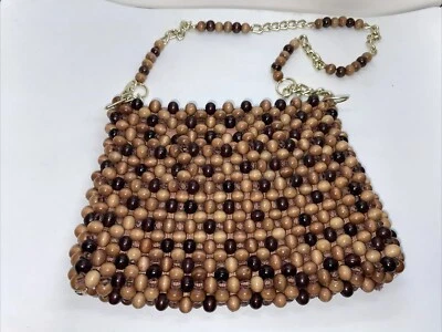 Bolsa de mão vintage japonesa boho madeira com miçangas meados do século moderna retrô - Imagem 1 de 4