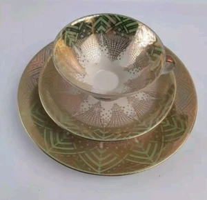 Vintage MCM Bavaria Germany Porcelain Tea Cup Saucer & Plate 3 Piece Green Gold - Picture 1 of 12