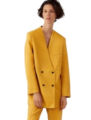 Zara Longline Double Breasted Blazer Women XS Yellow Linen Blend Tailored V Neck - Image 1 of 4