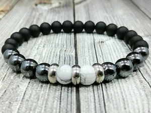 8"L STAINLESS STEEL 8mm Howlite+Onyx+Hematite Gemstone Beaded Unisex Bracelet - Picture 1 of 5
