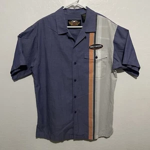 Harley Davidson Short Sleeve Button Up Shirt Mens Medium Striped Blue White - Picture 1 of 8
